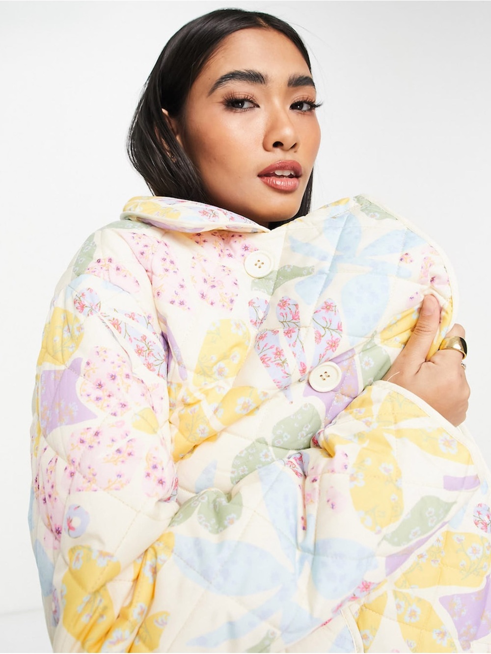 Neon Rose Quilted Floral Puff Jacket in Pastel Multicolor